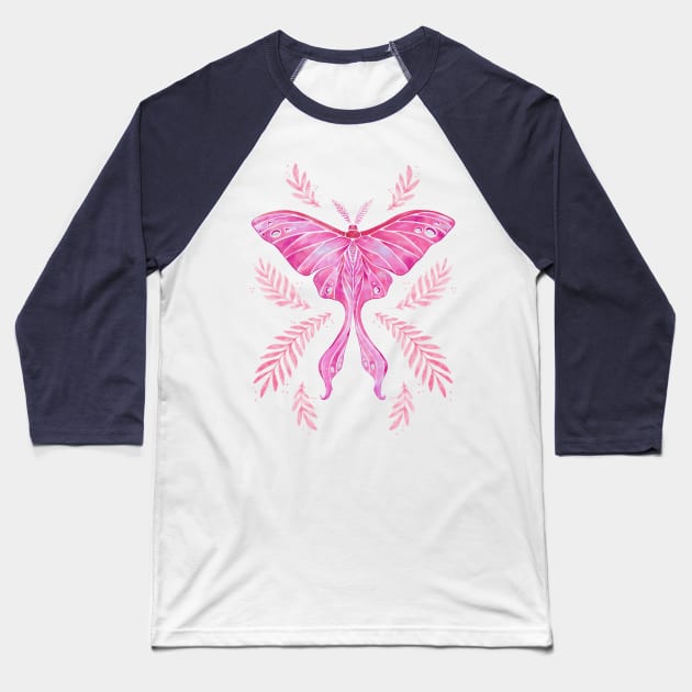 Pink Watercolor Luna Moth Baseball T-Shirt by Serena Archetti